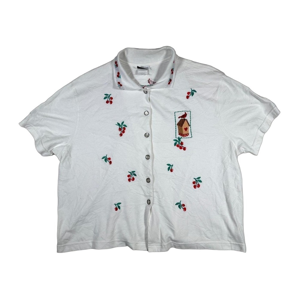 Bon Worth White Cherry Birdhouse Embroidered Short Sleeve Collared Shirt Top XL